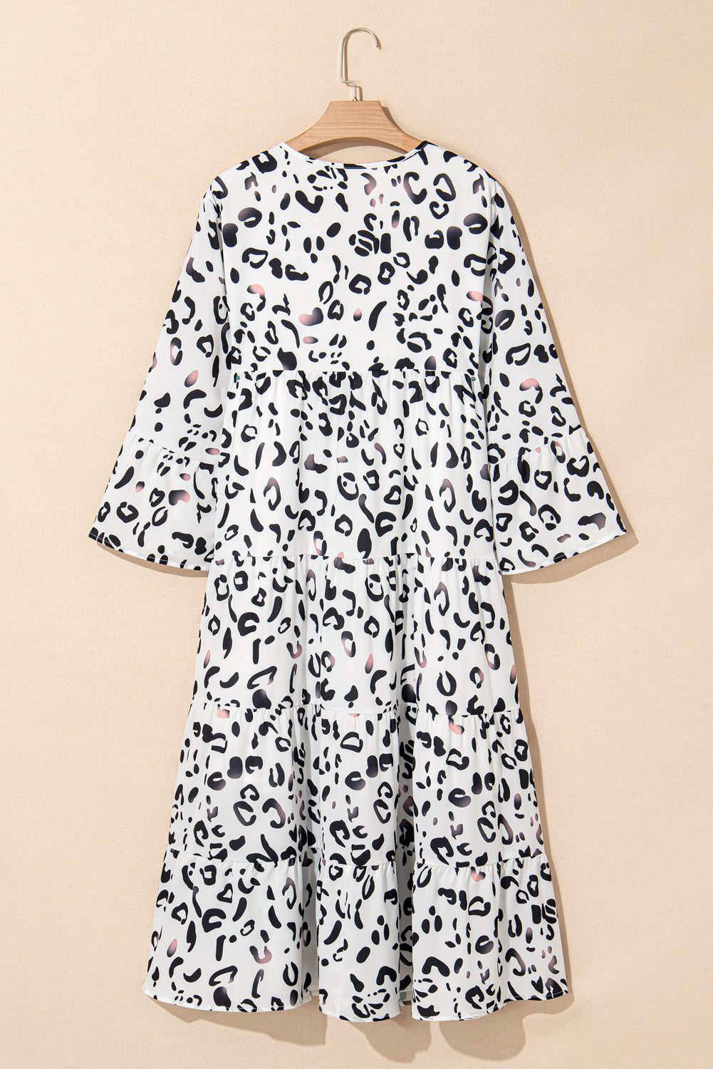 White Leopard Print Notch V Neck Loose Fit Maxi Dress