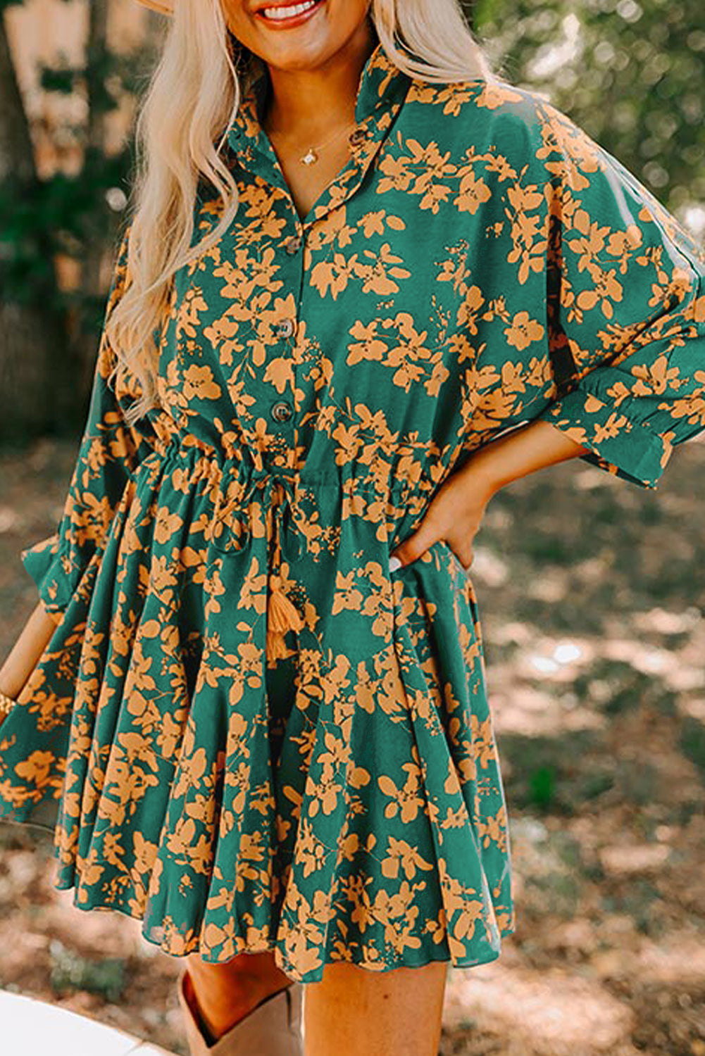 Green Floral Print Drawstring Tunic Flowy Short Dress