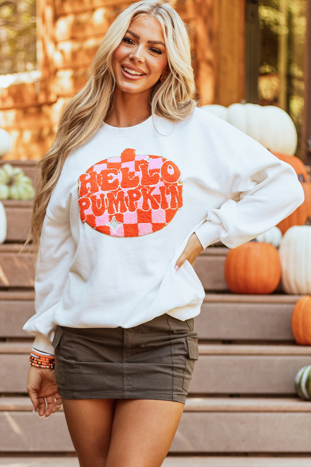 White Terry Halloween Pumpkin Patched Pattern Pullover Sweatshirt