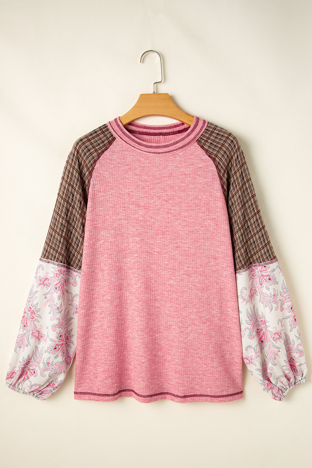 Fushia Mixed Print Patchwork Raglan Ribbed Knit Top